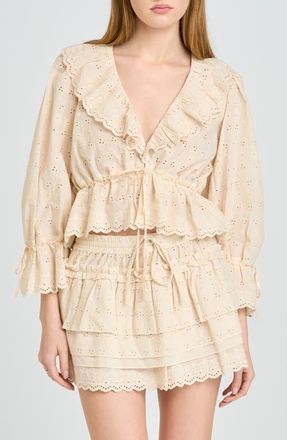 Wayf Sophia Eyelet Lace Trim Babydoll Crop Top in Beige at Nordstrom, Size X-Small