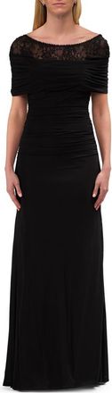La Femme Ruched Evening Dress with Illusion Lace Neckline in Black at Nordstrom, Size 16