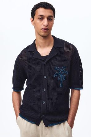H&M Relaxed Fit Hole-knit Resort Shirt in Navy Blue/palm Tree at Nordstrom, Size X-Small