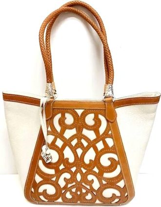 Brighton Genevieve Laser Cut Leather Satchel Purse In Cream