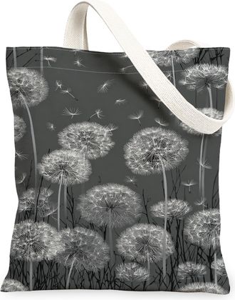 Generic Dandelion Floral Canvas Tote Bags, Elegant Lightweight Washable Grocery Bags, Vintage Design Reusable Shoulder Strap Canvas, Gray, 13x15 Inch