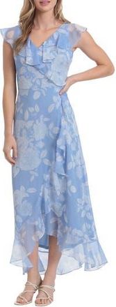 London Times Floral Ruffle Sleeveless Faux Wrap Maxi Dress in Blue/White at Nordstrom Rack, Size 12