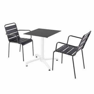 Oviala Mesa de jard&iacute;n de conjunto laminado negro y 2 sillones grises