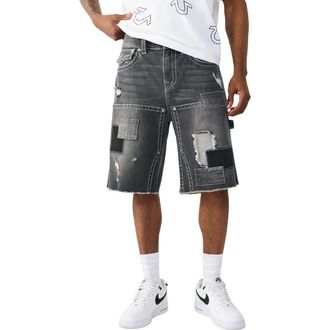 True Religion Vinny Big T Frayed Denim Carpenter Shorts in Carbon Shine Black Wash at Nordstrom, Size 29