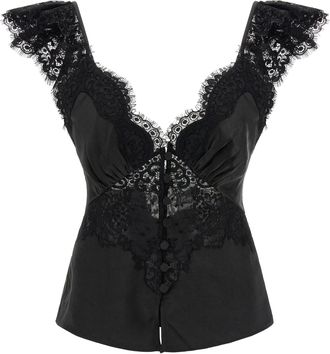 Self Portrait Black Satin Lace Top Nero-Donna