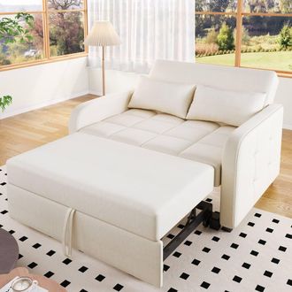 Merax Convertible Fabric Sofa Bed with 3-Position Backrest & 2 Pillows in Cream