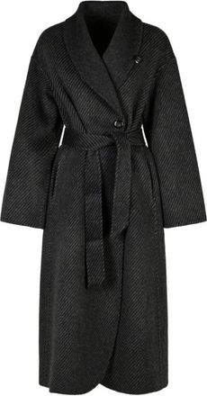 Emporio Armani Cappotto doppiopetto con cintura in doppio jacquard di lana vergine - - Coats - Donna - Grigio - S