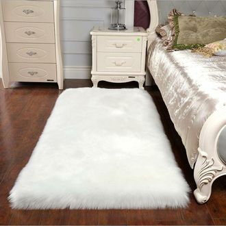 OEM Tapis Fausse Fourrure - Poils Longs 6,3 Cm - Pour Chambre Salon Descente De Lit - Blanc - 150 X 380 Cm