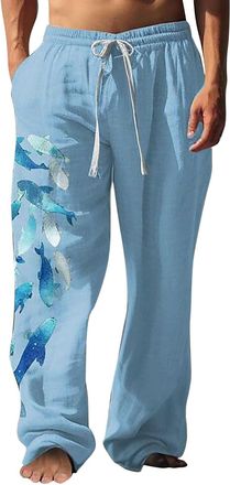 Generic Fish Print Pants Linen Pants Men Summer 3D Print Side Pockets Sweatpants Elastic Drawstring Design Pant Straight Leg Trousers Lightweight Quick Dry Jo