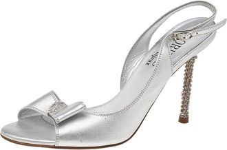 Loriblu Metallic Silver Leather Crystal Embellished Ankle Strap Sandals