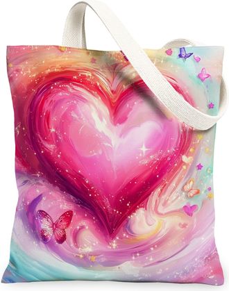 Generic Heart Butterfly Canvas Tote Bags, Colorful Design Reusable Grocery Bags, Summer Chic Lightweight Washable Shoulder Strap Canvas for Travel Beach 13x15
