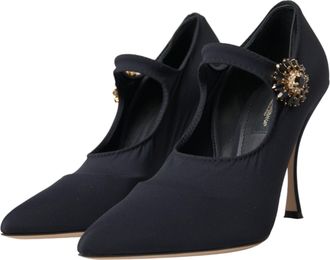 Dolce & Gabbana Womens Black Mary Jane Jersey Crystal Pumps Shoes Nylon Elastane