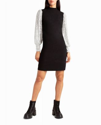 Nicole Miller Stretch Crepe Camille Dress In Very Black And Silver Sequins