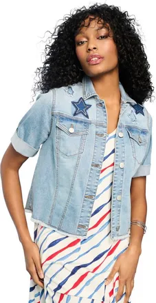 Roaman's Embellished Short Sleeve Stretch Denim Jacket in Embellished Stars at Nordstrom, Size 14