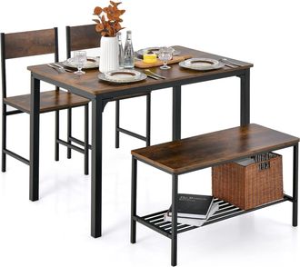Costway Costway - Cosway Juego De Mesa Y Silla De Comedor De 4 Piezas, Mesa De Reuni&oacute;n Industrial Con 2 Sillas Y 1 Banco, Juego De Cocina Con Marco De Metal Y