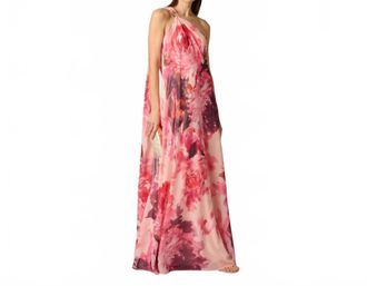 Aidan Mattox One-Shoulder Peony Floral Chiffon Scarf Gown In Pink Multi