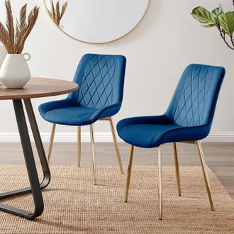 Furniturebox Set of 2 Pesaro Luxury Soft Touch Diamond Pattern Velvet Dining Chairs With Gold Chrome Metal Legs in Navy