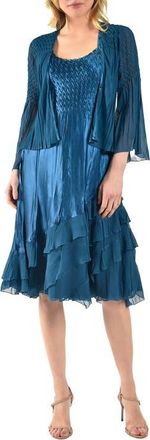 Komarov Wide Sleeve Charmeuse & Chiffon Tiered Dress with Jacket in Mediterranean at Nordstrom, Size X-Large