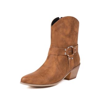 Generic Womens Western Pointed Toe Mid-Calf Faux Leather Boots Metal Buckle Strap Side Zip Block Heels Solid Color Durable Stylish Design,Brown,8.5 UK