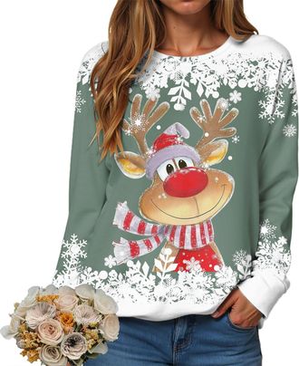 Generic Christmas Sweatshirts for Women Uk Casual Long Sleeve Shirts Tunic Tops Cute Funny Pullover Sweater Holiday Lightweight Shirt Athletic Xmas Jumper Ele