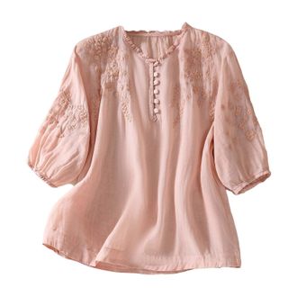 Generic Ladies Summer Linen Boho Tops for Women UK Sales Plus Size Vintage Embroidered Button Short Sleeve Bohemian T Shirts New Loose Casual Crew Neck Solid 