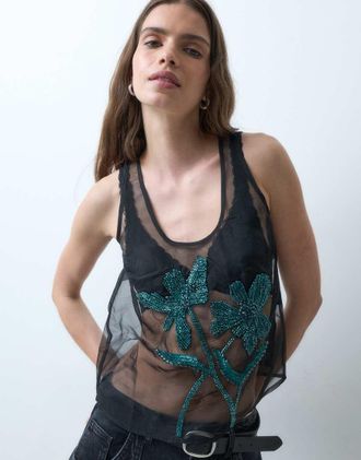 Asos canottiera trasparente nera con decorazioni floreali-Nero