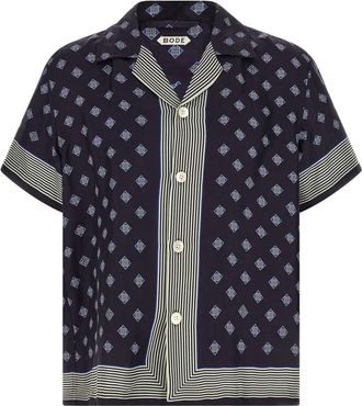 Bode Foyer Diamond Short Sleeve Shirt - Heren - Korte mouwen Overhemden - Blauw - XL - Satijn - Overhemden