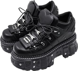 Generic Punk Style Women Shoes Lace-up Heel Height 6CM Platform Shoes Woman Gothic Ankle Rock Boots Metal Decor Woman Sneakers(US11)