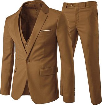 AlltheMen Mens Suits 3 Piece Slim Fit 1 Button Business Formal Blazer Jacket Waistcoat Trousers Wedding Light Coffee S