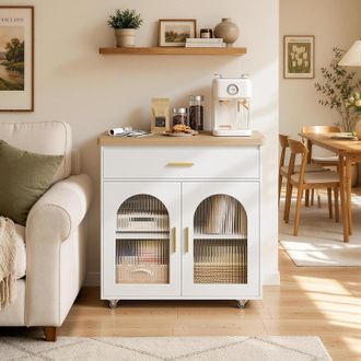 Woltu Woltu Carrito De Cocina Con Ruedas Giratorias De 360&deg;, Estante Abatible, Aparador De Cocina De Madera Moderno Y Elegante, Color Roble Claro Y Blanco