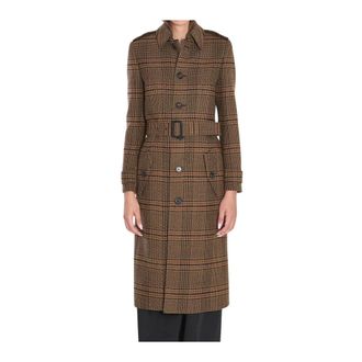 Saint Laurent Jassen, Dames, Beige, M, Wol, Houndstooth Trenchcoat met Riem