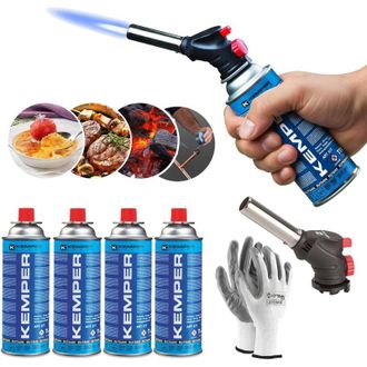 Kemper Kit Soplete De Gas Piezo Con 4 Cartuchos Butano Kemper 190g + 1 Pares De Guantes De Regalo Soldadura, Cocina, Camping, Reparaciones, Llama Ajustable, 