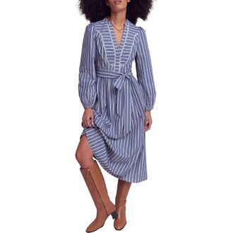 Boden Lace Trim Stripe Long Sleeve Cotton Dress in Surf The Web Stripe at Nordstrom, Size 10