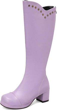 Generic Womens Goth Knee High Riding Boots Fashion Studded Decor Square Toe Block Heels Punk Shoes with Back Zipper (7.5,Purple)