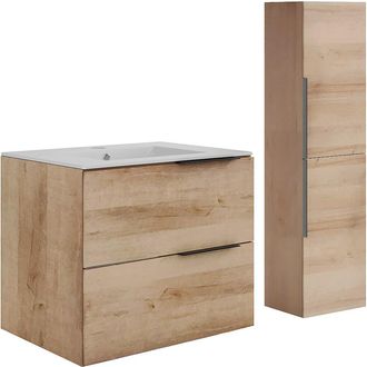 Vente-Unique Mueble de baño suspendido con lavabo para encastrar y columna - Roble claro natural - 60 cm - NISAYA