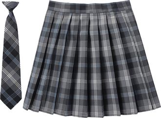 Generic Plaid Pleat Skirt for Women UK Skirt with Necktie Bowtie Preppy Mini School Girls Summer Uniforms Skirts for Girls High Waisted Grey