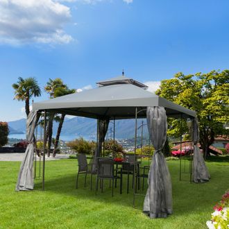 OUTSUNNY 3 x 3(m) Garden Gazebo Double Top Gazebo Canopy w/ Curtains in Grey