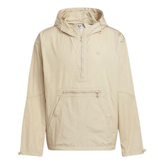 adidas Mens adidas originals Solid Color Half Zipper Hooded Straight Long Sleeves Coffee HM8044