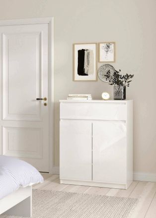 Dmora Dmora - Aparador Con Puertas Y Un Caj&oacute;n, Blanco Brillo, 80 X 100 X 41 Cm, Con Embalaje Reforzado
