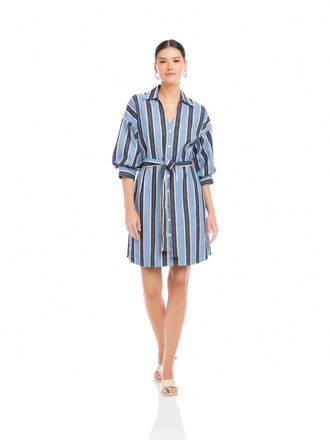 Fifteen Twenty Blaire Lantern Sleeve Tie Dress In Blue/cream