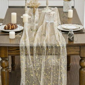 OEM Camino De Mesa De 2 Piezas, 70 X 300 Cm, Decoraci&oacute;n De Mesa Con Detalles Dorados, Para Cocina, Fiestas, Cumplea&ntilde;os Y Bodas - Beige