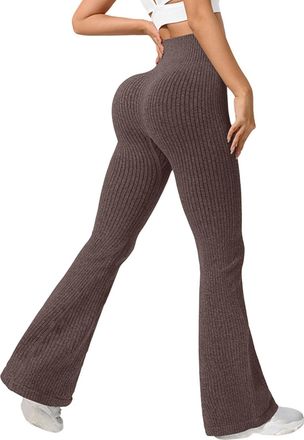 Generic Flared Leggings for Women High Waisted Tummy Control Gym Leggings Scrunch Butt Lifting Sports Yoga Pants Womens Seamless Ribbed Knit Joggers Running C