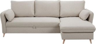 Miliboo Miliboo - Divano letto angolare reversibile con contenitore 3-4 posti in tessuto beige e legno chiaro driss