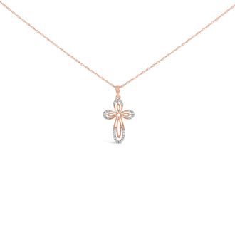 House of Brilliance 10K Rose Gold Plated Sterling Silver 1/6 Cttw Diamond Double Loop Cross Pendant Necklace