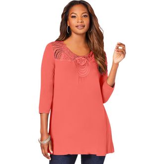 Roaman's Lace Embellished Swing Ultra Femme Top in Sunset Coral at Nordstrom, Size 16