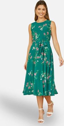 Yumi Sleeveless Tie Waist Printed Midi Dress in Green at Nordstrom, Size 10