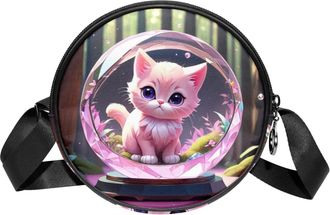 Generic Circle Crossbody Bag for Women, Cat Crystal Ball Small Sling Bag Daypack with Zipper Adjustable Shoulder Straps Casual Ladies Girls Round Purse