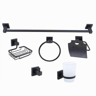 Trade Shop Trade Shop - Set Ultra Moderno Nero 6pz Bagno Porta Asciugamano Rotolo Bicchiere Spazzolini 87261