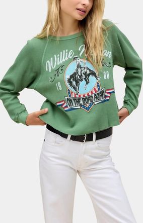 Daydreamer Willie Nelson 1980 Cowboy Raglan Thermal Sweatshirt In Stone Green