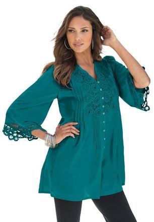 Roaman's Plus Size Juliet Lace Trim Button-Down Shirt in Tropical Teal at Nordstrom, Size 38